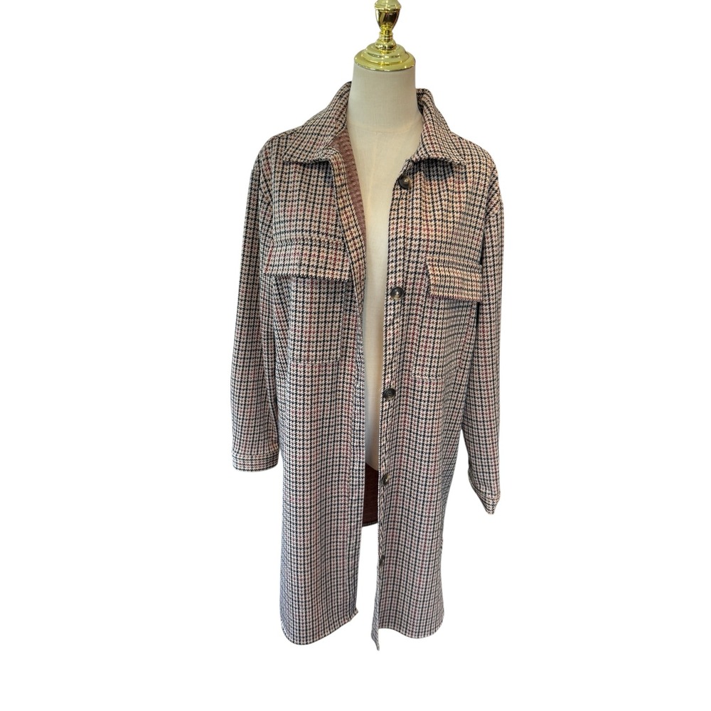 C by One Houndstooth Plaid‎ Longline Shacket Jacket Brown Red LG